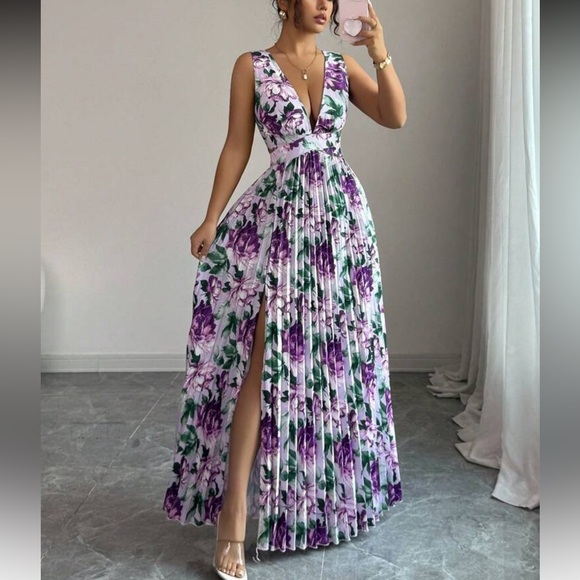 Elegant Purple and Green Floral Maxi Dress